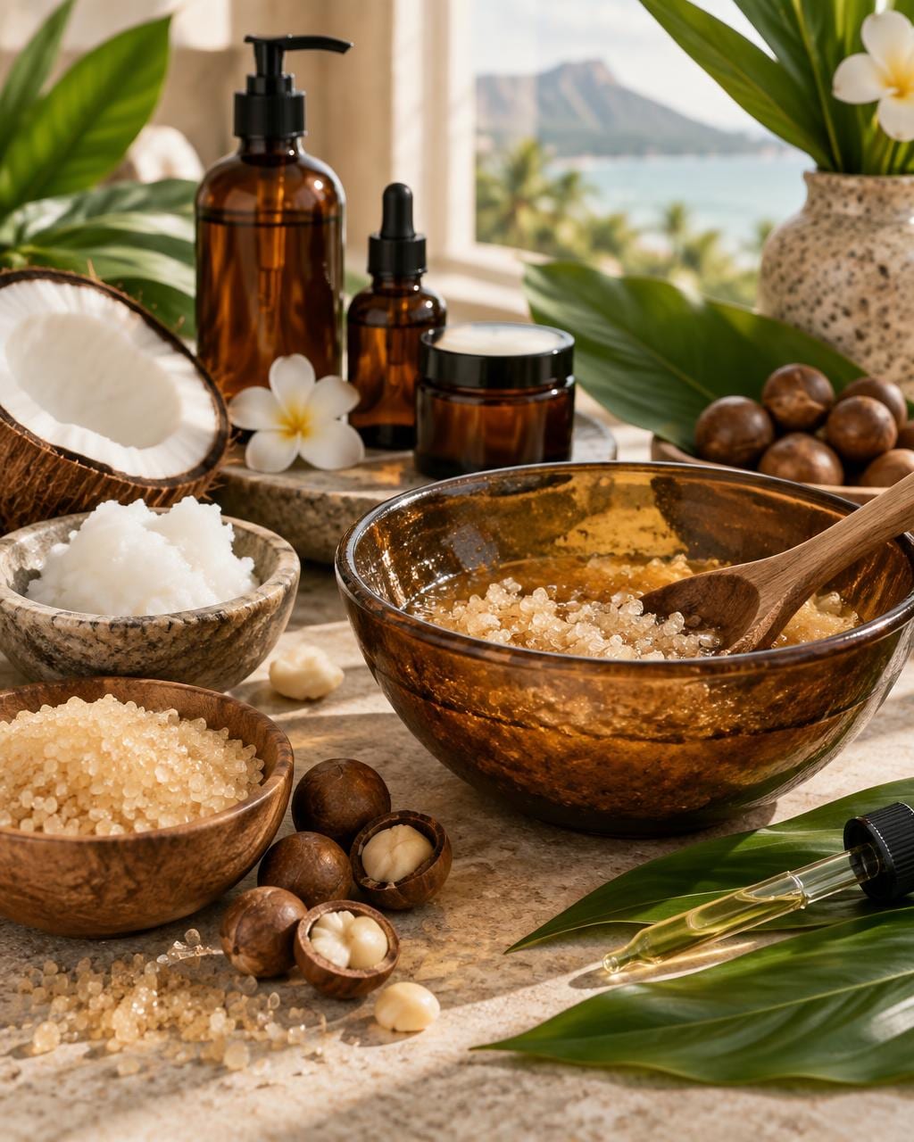 Kō sugar, coconut, kukui nuts, and amber vessels on a formulation table