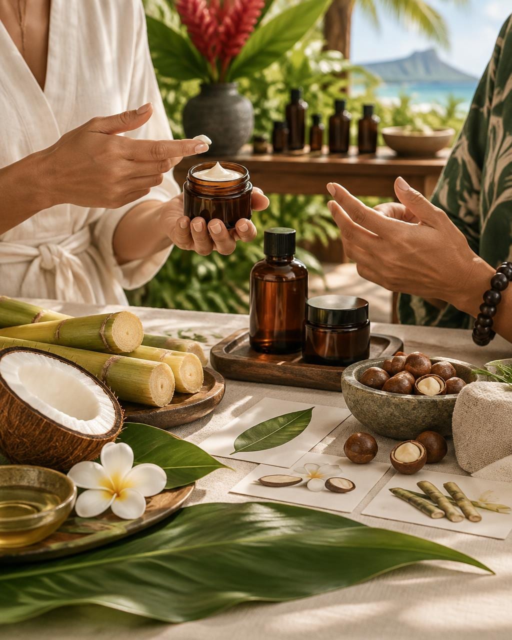Natural skincare consultation with amber jars and island ingredients