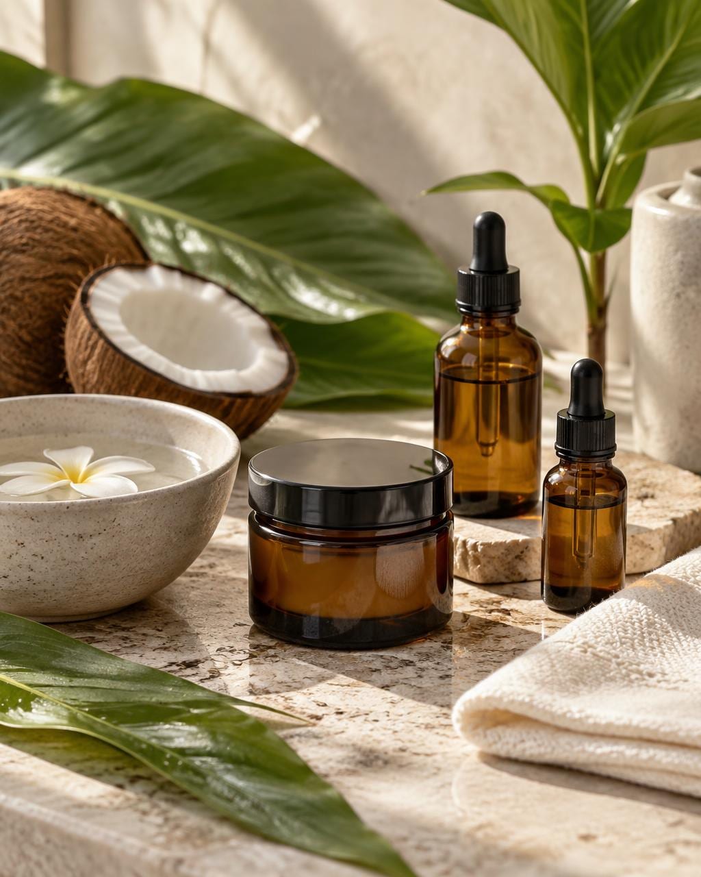 Amber skincare oils arranged for a gentle daily routine